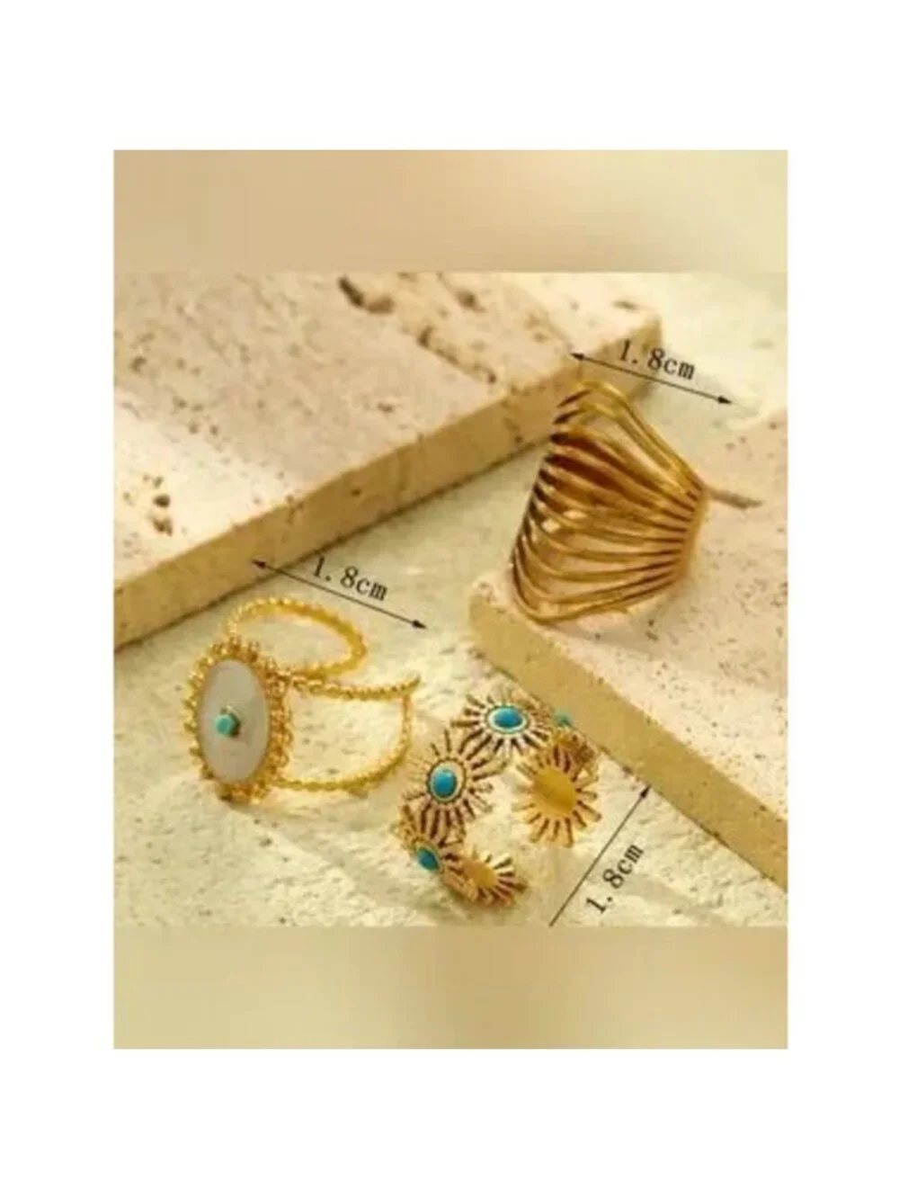 Gold Stainless Steel 3pc Adjustable Turquoise Ring Set